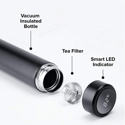 Stainless Steel Smart Water Bottle with Premium Quality, Intelligent Chip Technology, and LED Temperature Display. Silicone anti-slip pad for stability, lasting freshness for 24 hours cold/12 hours hot drinks. Includes stainless steel tea filter for tea enthusiasts