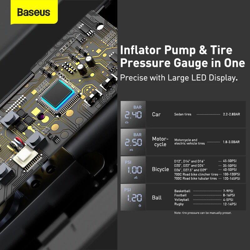 Baseus Car Inflator Pump - Your On-the-Go Tire Maintenance Solution! Experience intelligent inflation, powerful performance, and ultimate convenience with this 12V Smart Electric Tire Pump. Stay road-ready wherever you go!